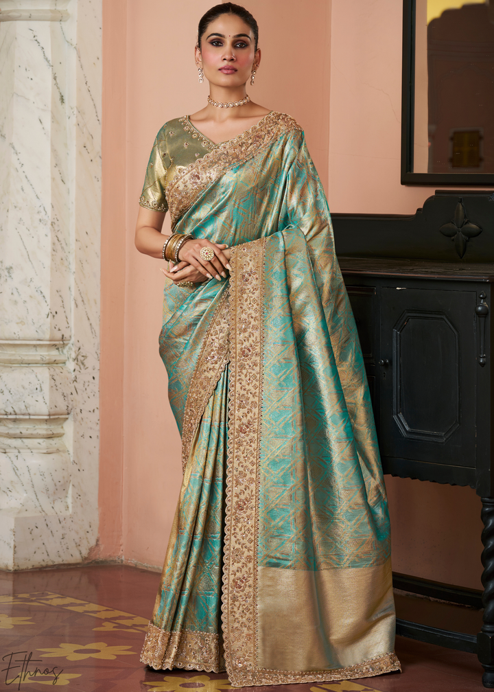 Seafoam Mint Artisanal Scallop Cutbead Border Kanjivaram Silk Saree