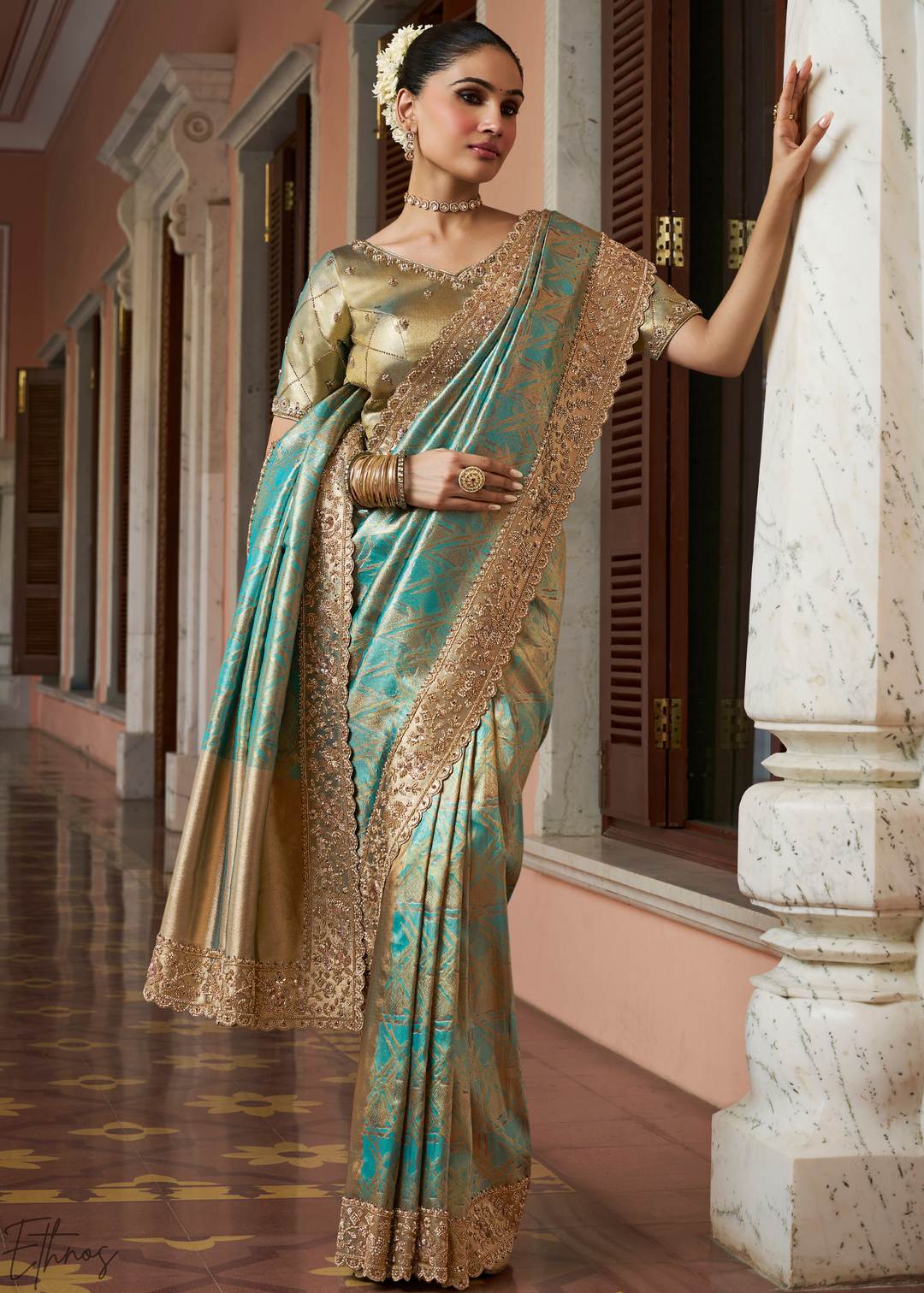 Seafoam Mint Artisanal Scallop Cutbead Border Kanjivaram Silk Saree