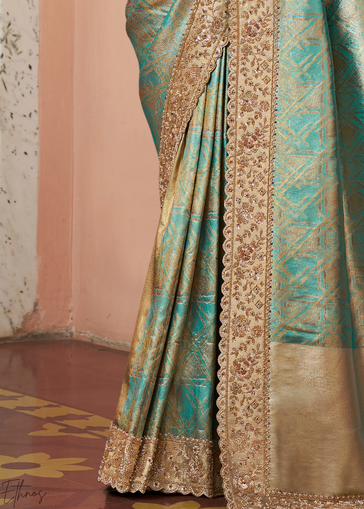 Seafoam Mint Artisanal Scallop Cutbead Border Kanjivaram Silk Saree
