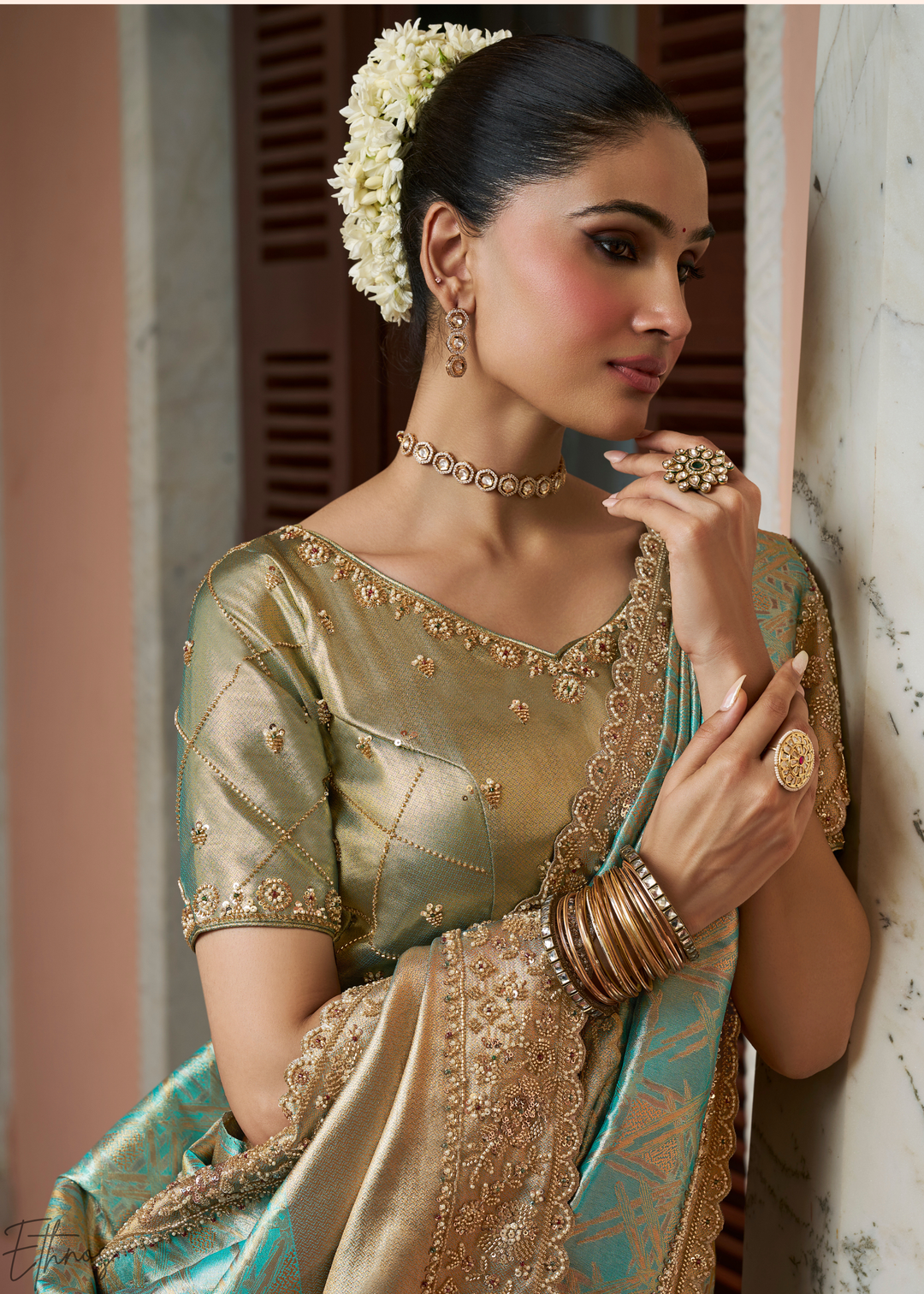 Seafoam Mint Artisanal Scallop Cutbead Border Kanjivaram Silk Saree