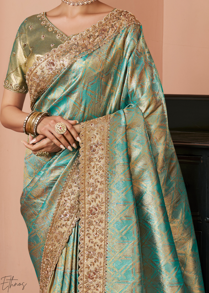 Seafoam Mint Artisanal Scallop Cutbead Border Kanjivaram Silk Saree