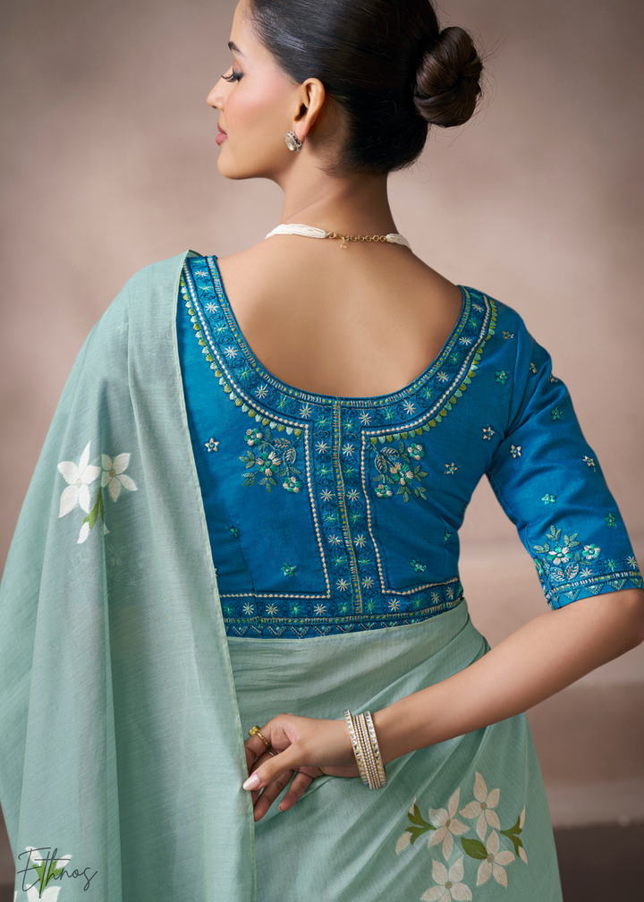 Seafoam Mint Meadow Flora Viscose Silk Saree