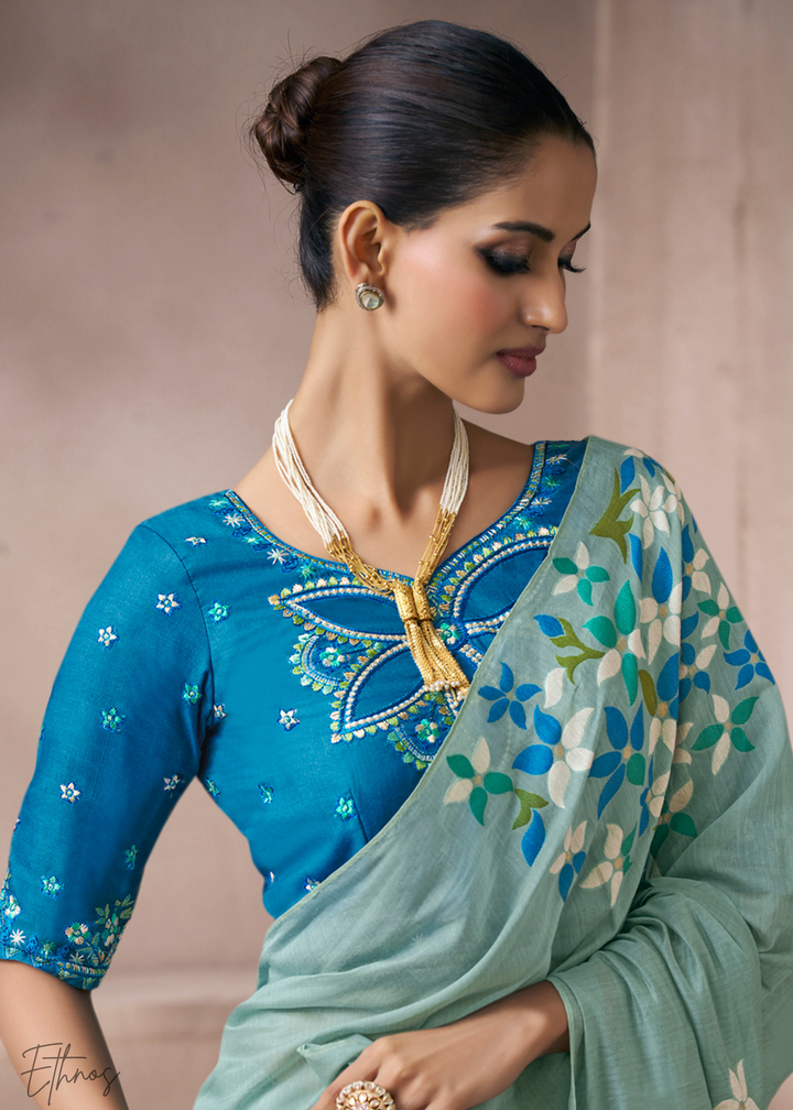 Seafoam Mint Meadow Flora Viscose Silk Saree