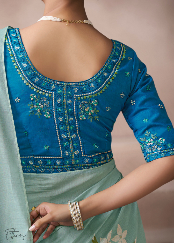 Seafoam Mint Meadow Flora Viscose Silk Saree
