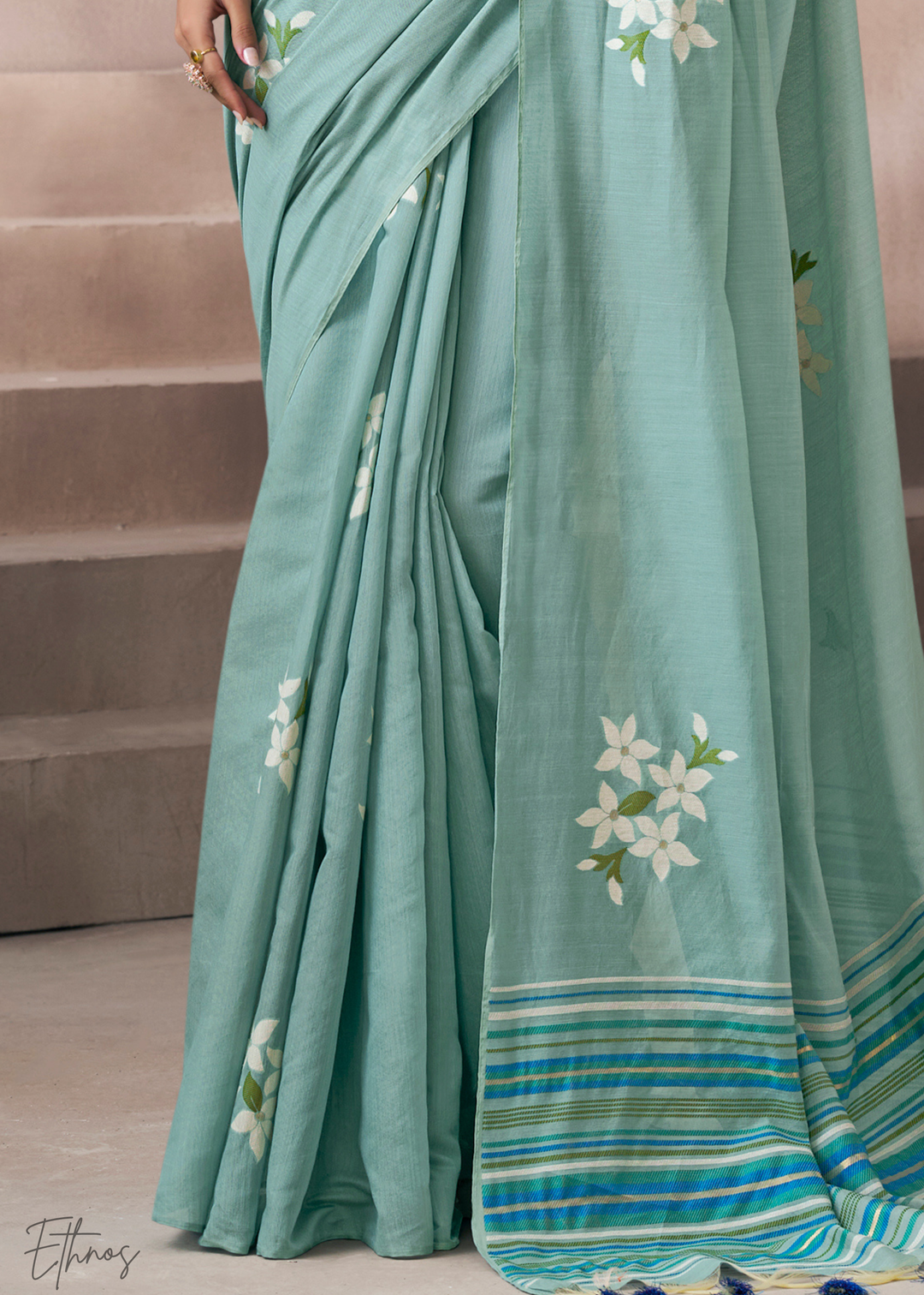 Seafoam Mint Meadow Flora Viscose Silk Saree