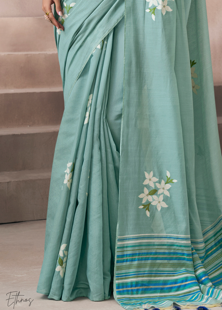 Seafoam Mint Meadow Flora Viscose Silk Saree