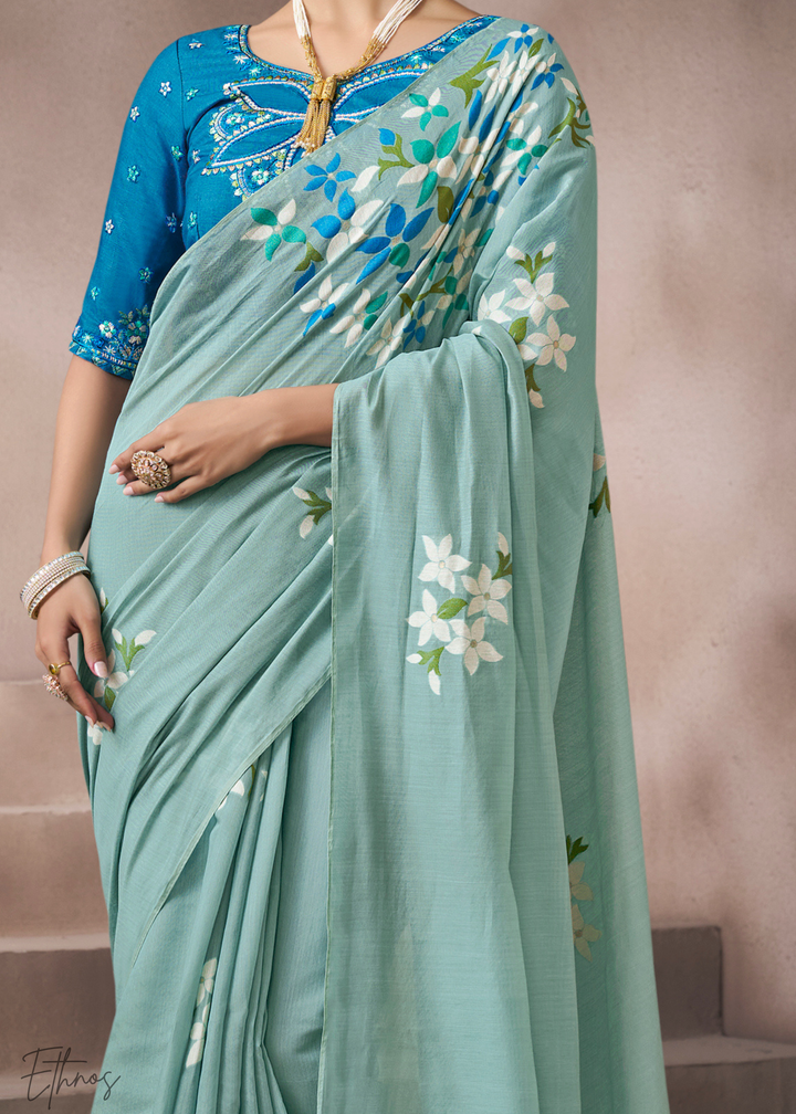 Seafoam Mint Meadow Flora Viscose Silk Saree