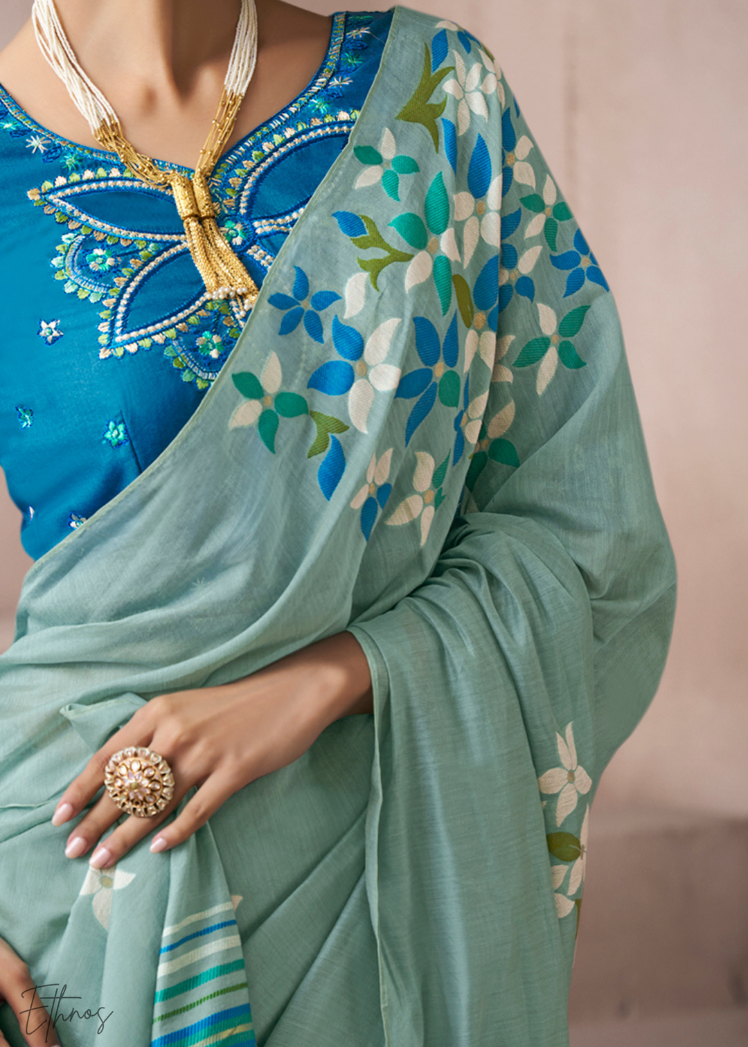 Seafoam Mint Meadow Flora Viscose Silk Saree