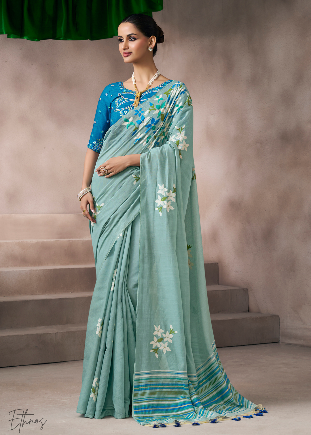 Seafoam Mint Meadow Flora Viscose Silk Saree