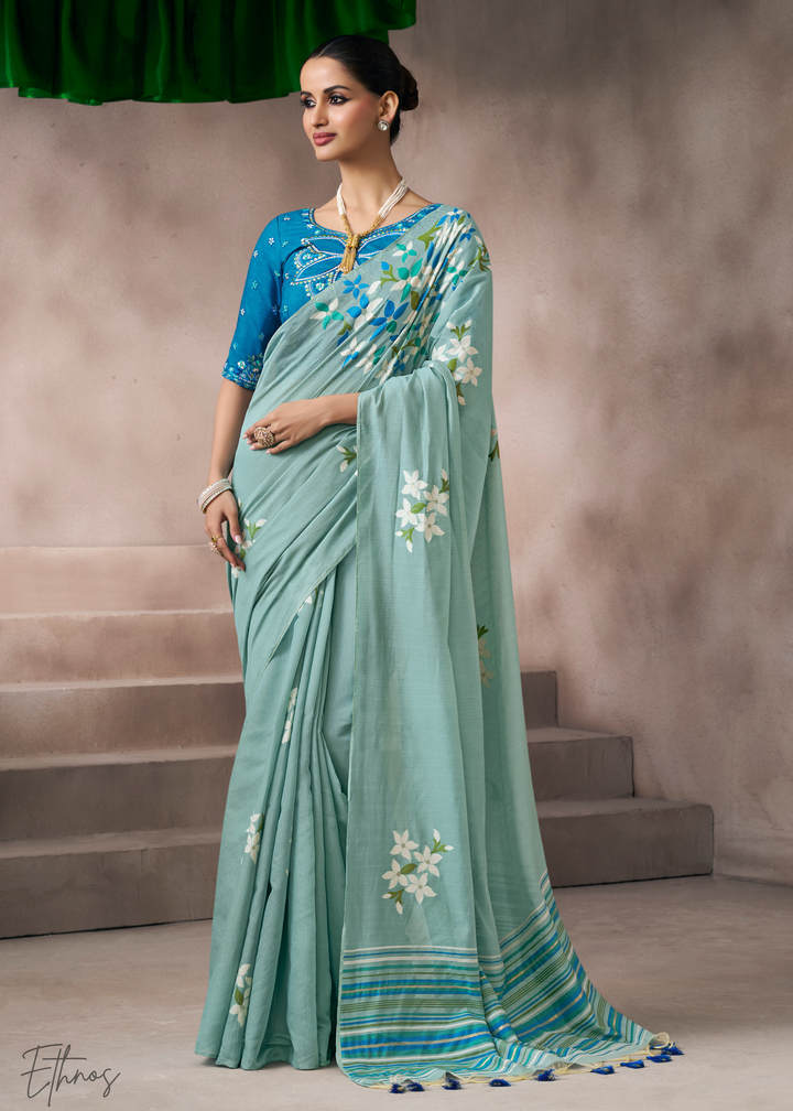Seafoam Mint Meadow Flora Viscose Silk Saree