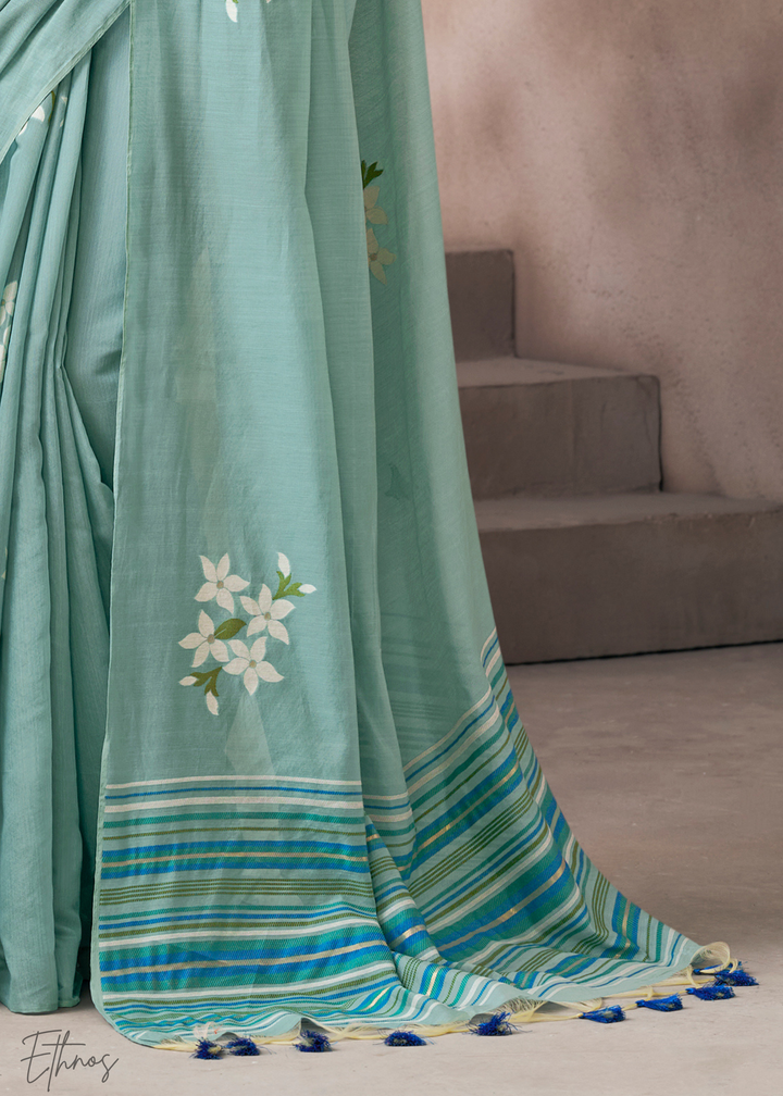 Seafoam Mint Meadow Flora Viscose Silk Saree