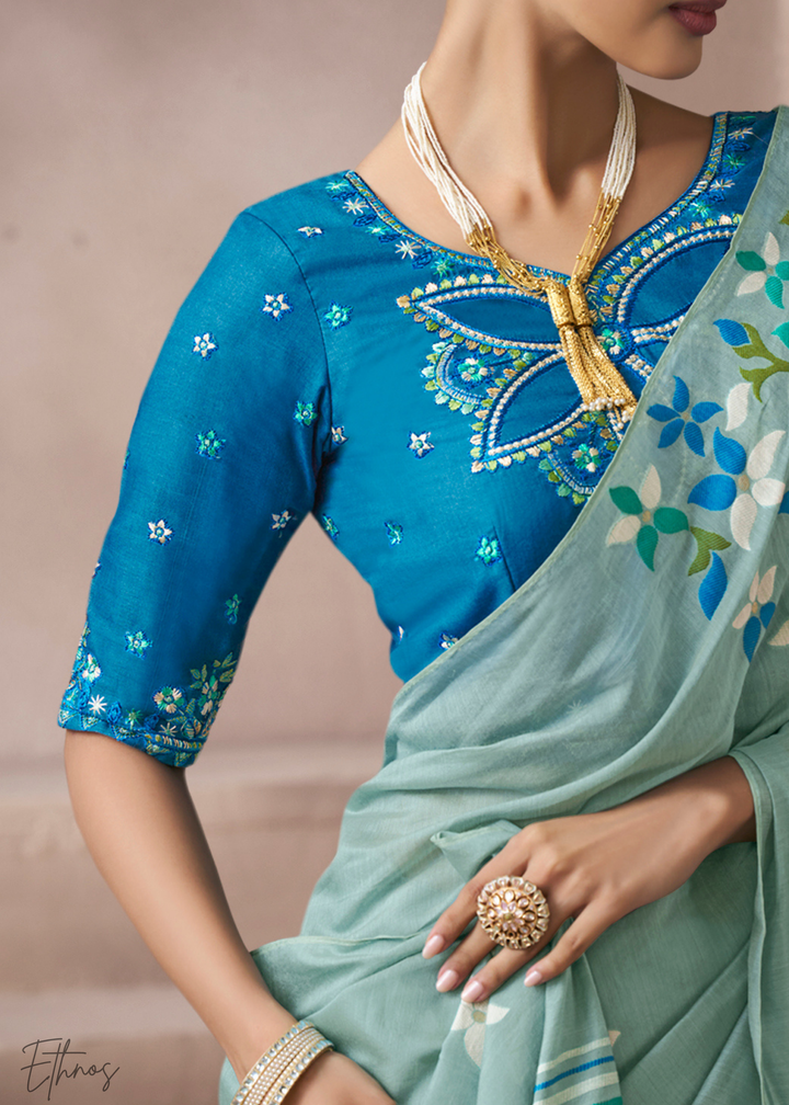 Seafoam Mint Meadow Flora Viscose Silk Saree