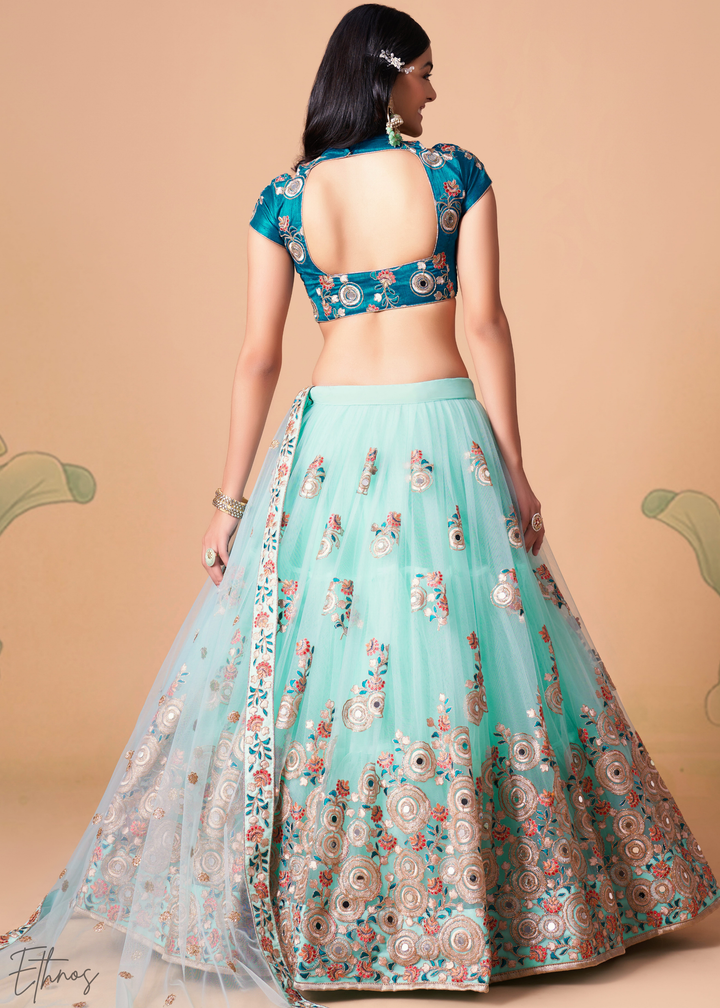 Turquoise Blue Opulent Floral Mirror Net Lehenga