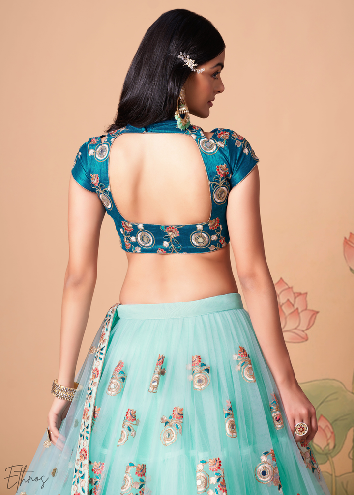 Turquoise Blue Opulent Floral Mirror Net Lehenga