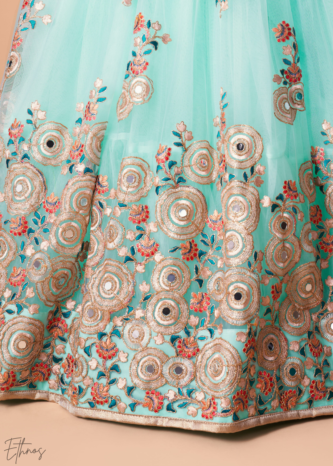 Turquoise Blue Opulent Floral Mirror Net Lehenga