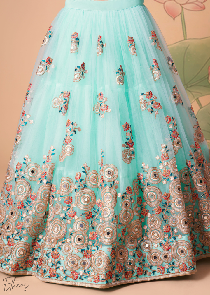Turquoise Blue Opulent Floral Mirror Net Lehenga