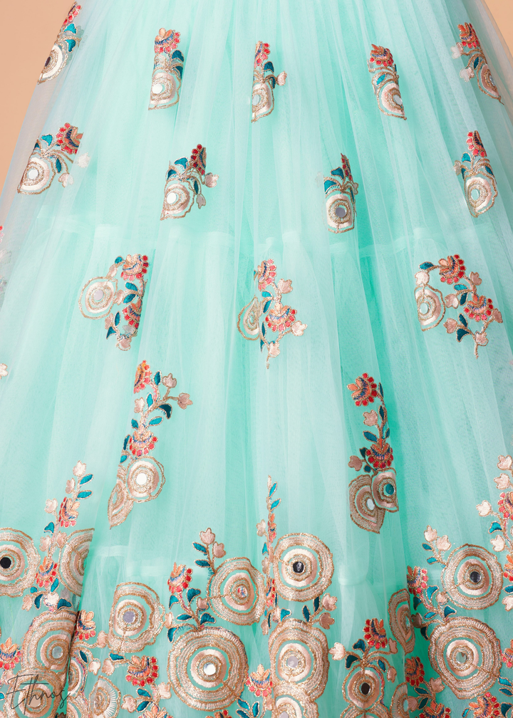 Turquoise Blue Opulent Floral Mirror Net Lehenga