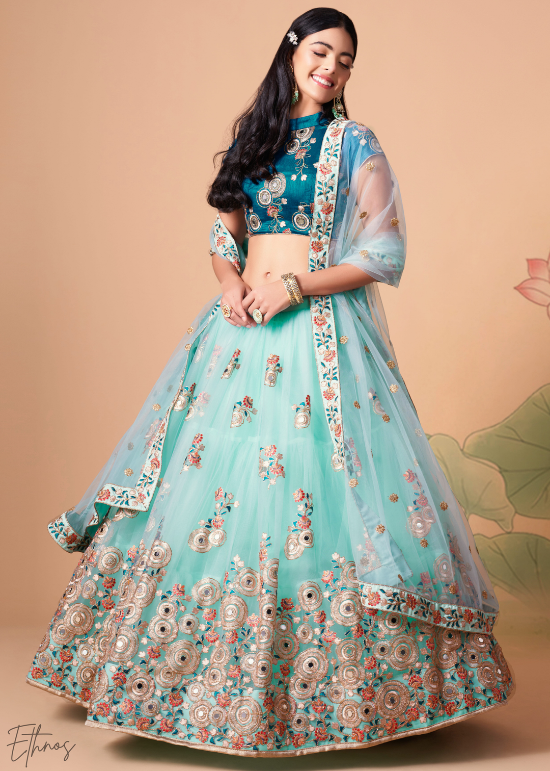Turquoise Blue Opulent Floral Mirror Net Lehenga
