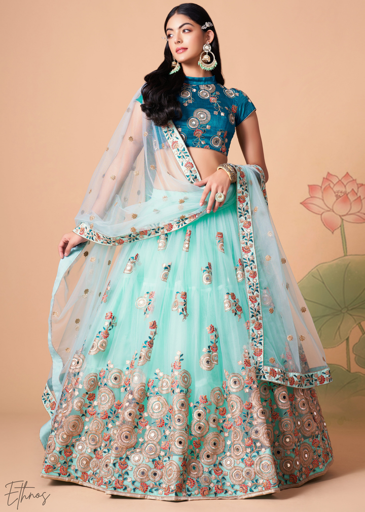 Turquoise Blue Opulent Floral Mirror Net Lehenga