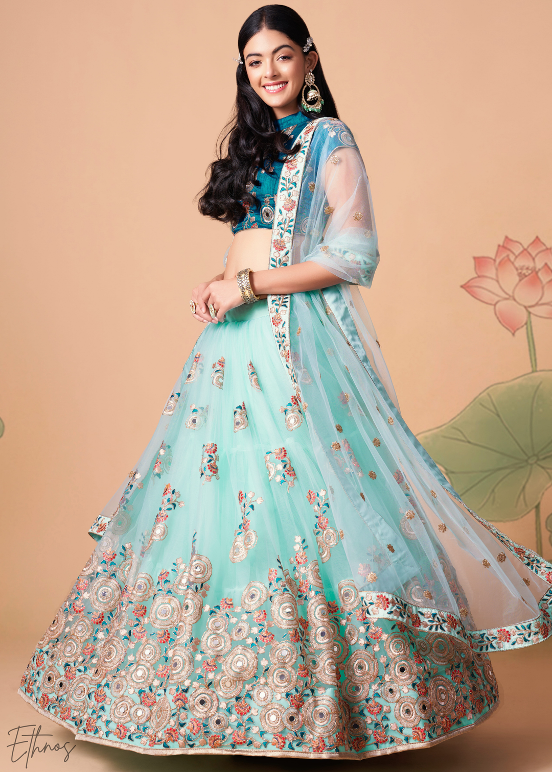 Turquoise Blue Opulent Floral Mirror Net Lehenga