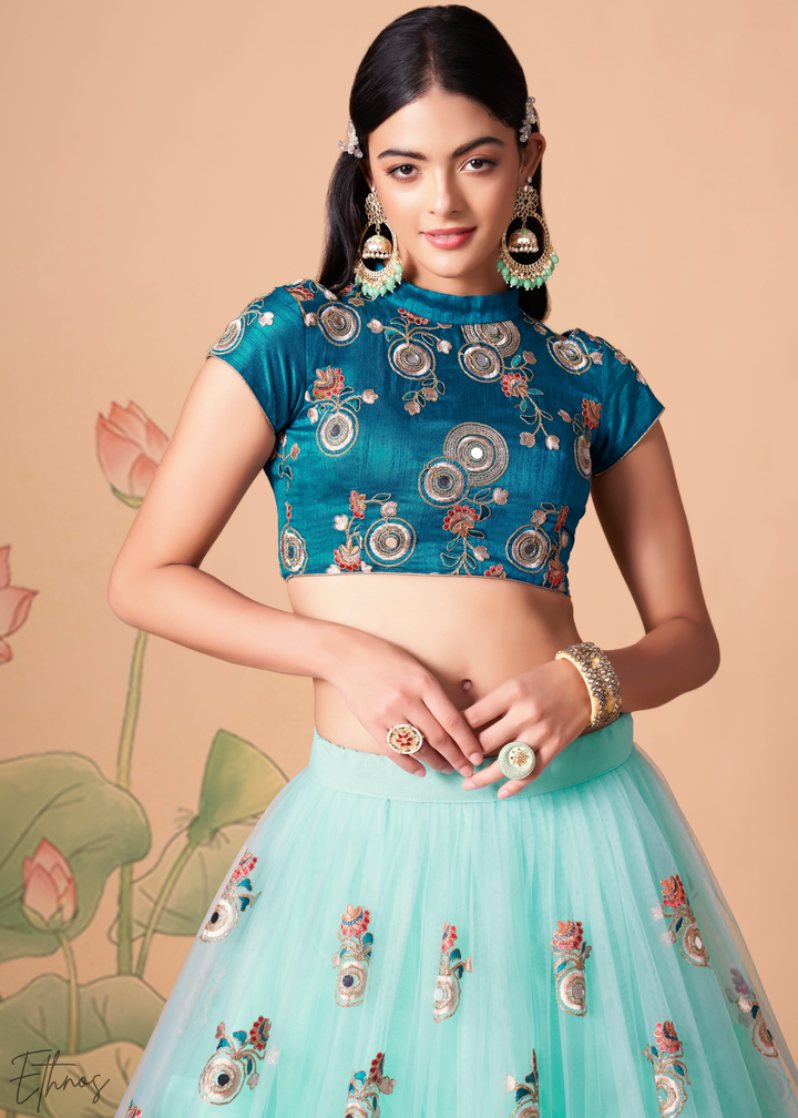 Turquoise Blue Opulent Floral Mirror Net Lehenga