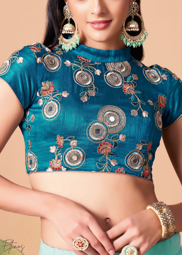 Turquoise Blue Opulent Floral Mirror Net Lehenga
