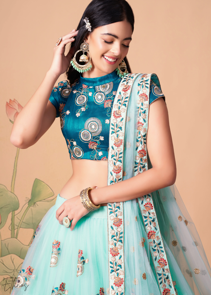 Turquoise Blue Opulent Floral Mirror Net Lehenga