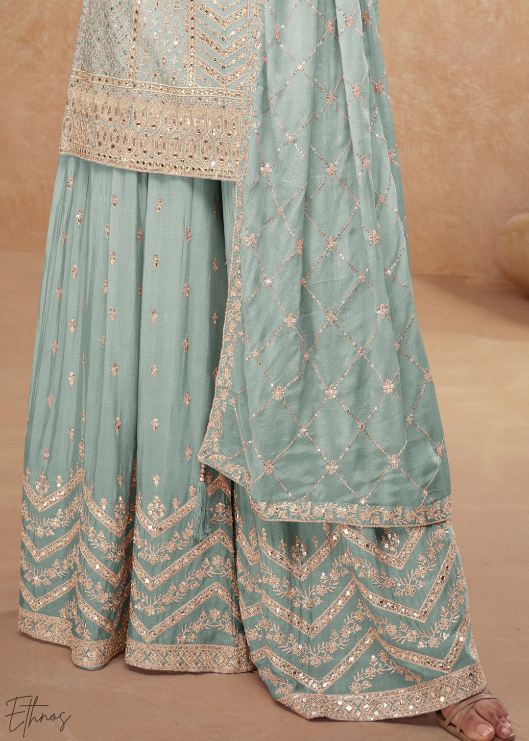 Seafoam Sequins Chinon Palazzo Suit
