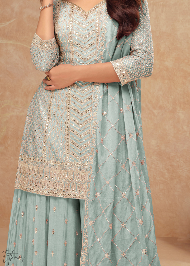 Seafoam Sequins Chinon Palazzo Suit