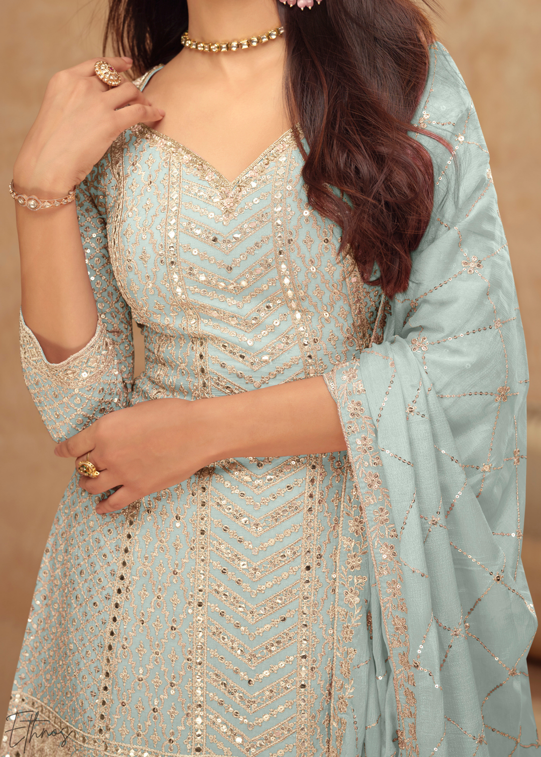 Seafoam Sequins Chinon Palazzo Suit