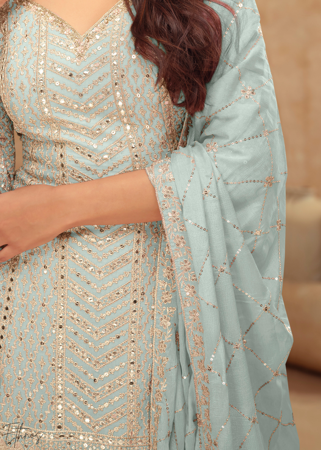 Seafoam Sequins Chinon Palazzo Suit