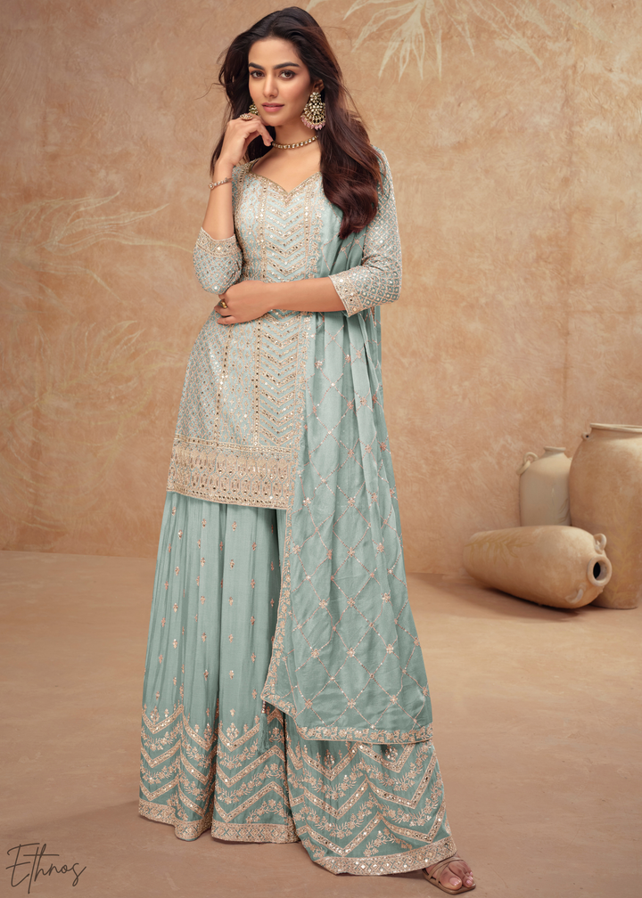 Seafoam Sequins Chinon Palazzo Suit