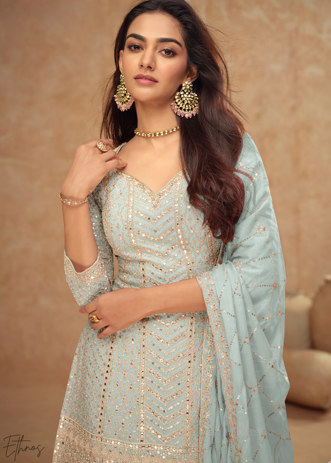 Seafoam Sequins Chinon Palazzo Suit