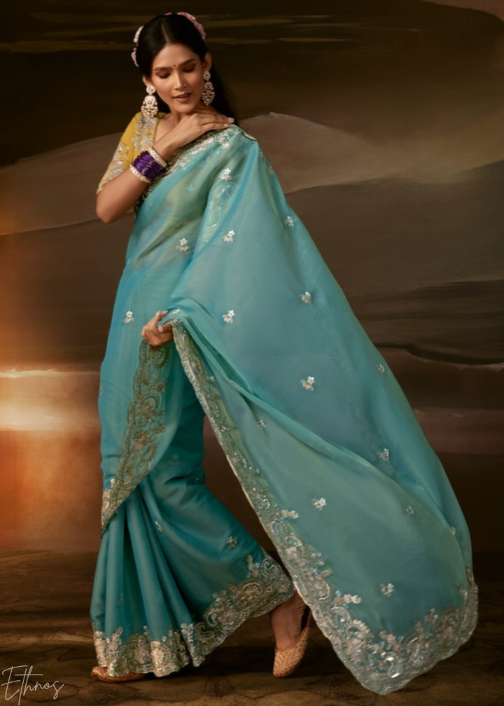 Seafoam Green Cutwork Scallop Border Organza Saree