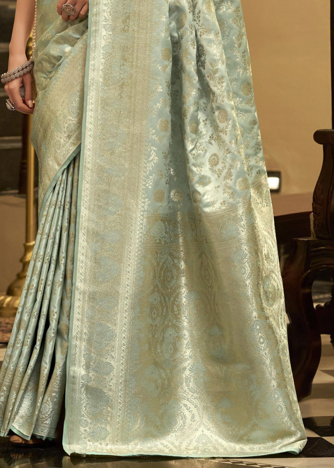 Seafoam Lily Iridescent Metallic Woven Satin Silk Saree