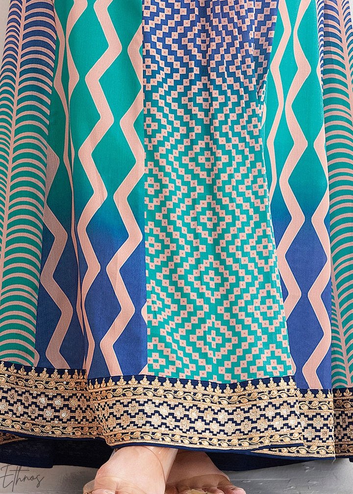 Shaded Blue Chevron Chinon Gown Suit