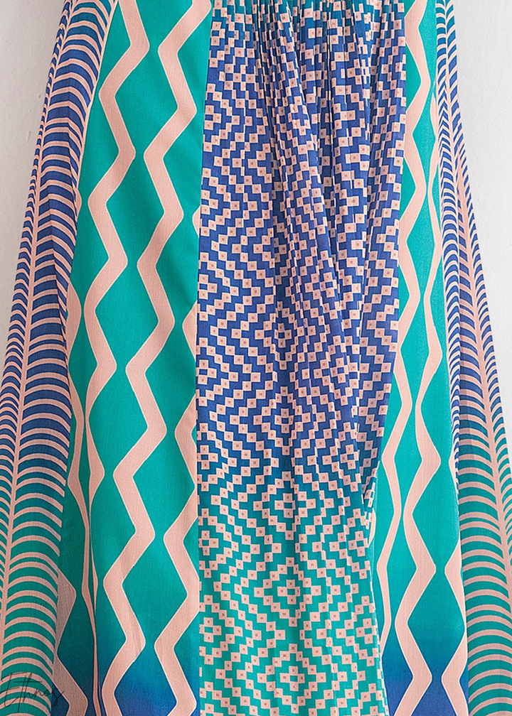 Shaded Blue Chevron Chinon Gown Suit