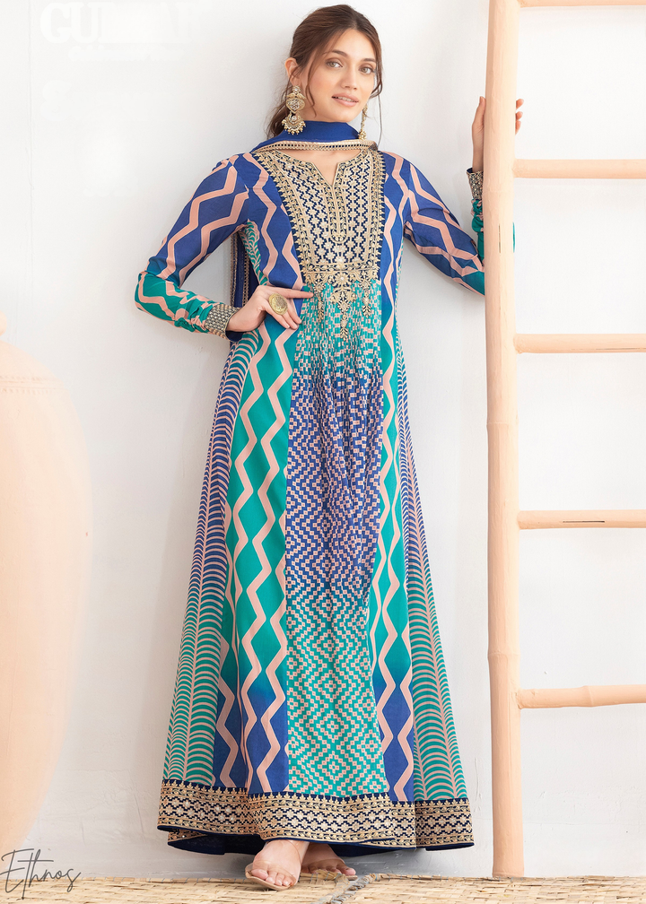 Shaded Blue Chevron Chinon Gown Suit