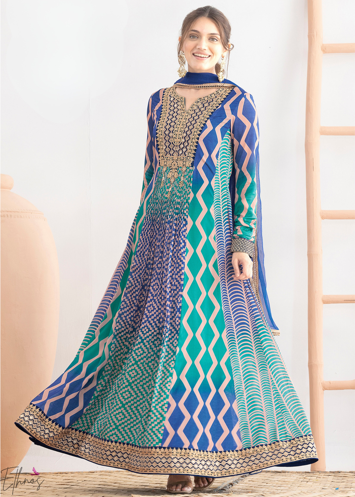 Shaded Blue Chevron Chinon Gown Suit