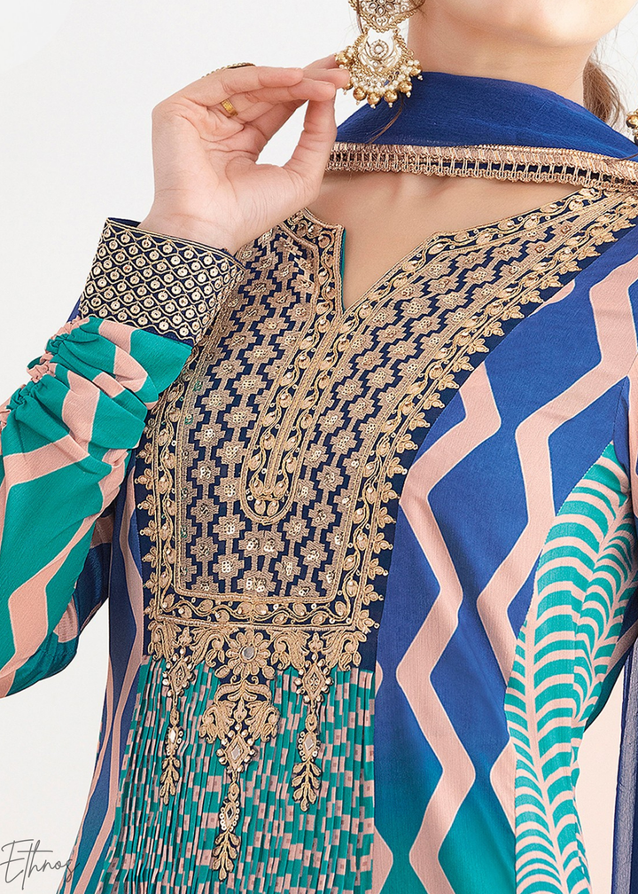 Shaded Blue Chevron Chinon Gown Suit