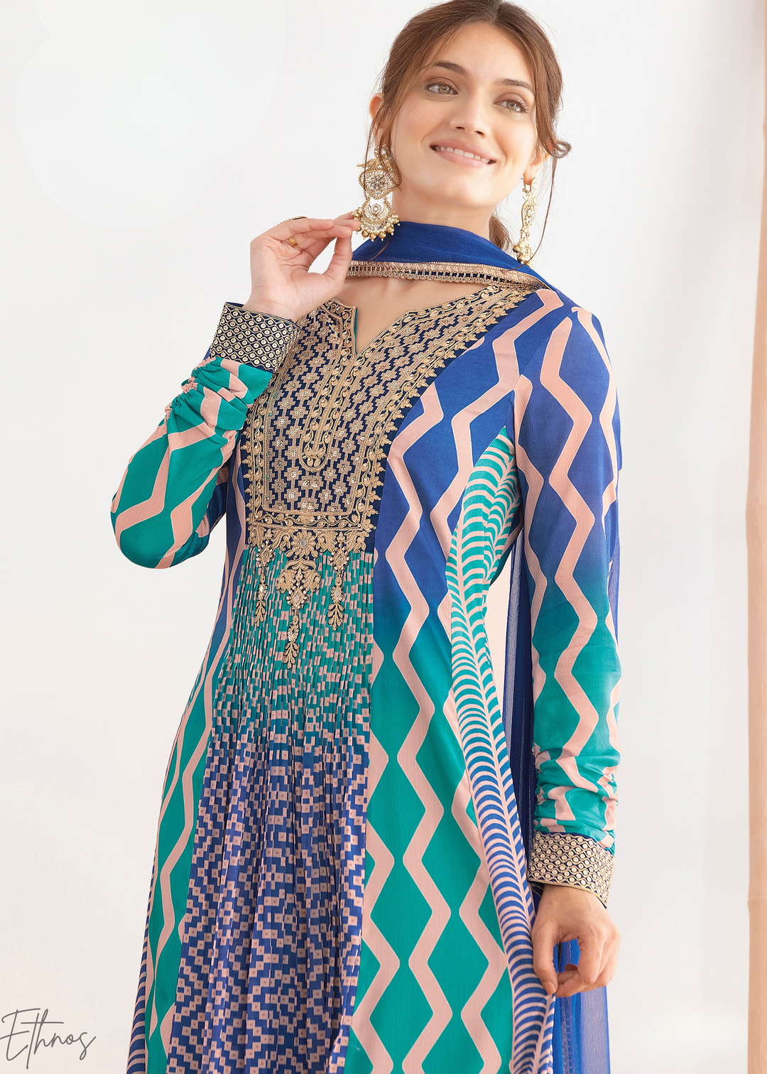 Shaded Blue Chevron Chinon Gown Suit