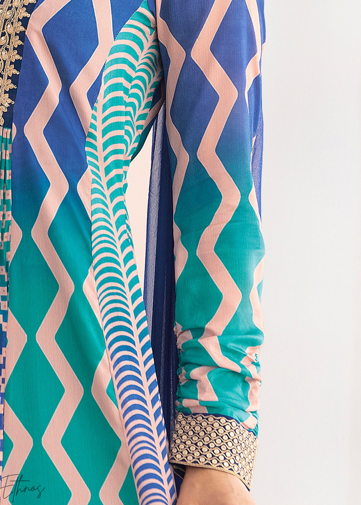 Shaded Blue Chevron Chinon Gown Suit