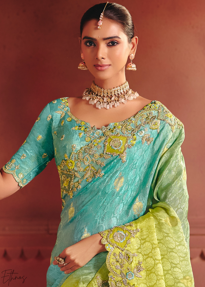 Shaded Blue Floral Resham Silk Saree