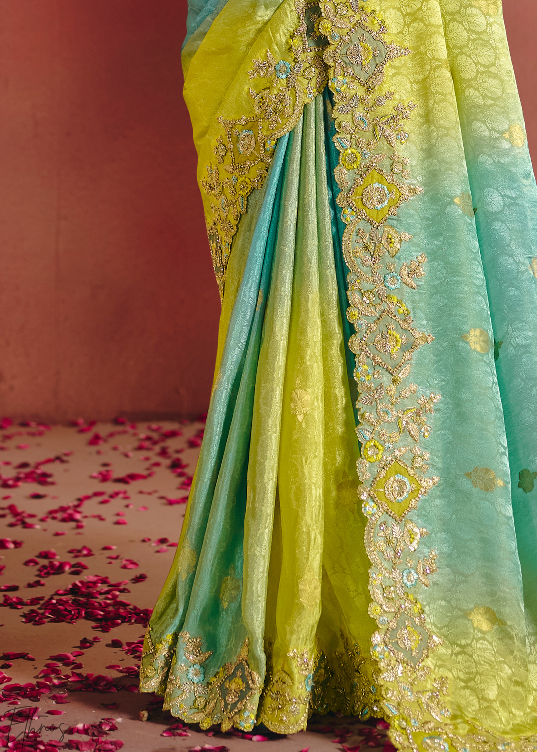 Shaded Blue Floral Resham Silk Saree