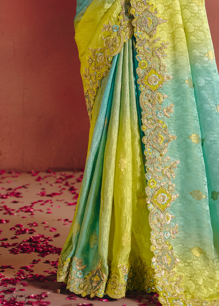 Shaded Blue Floral Resham Silk Saree