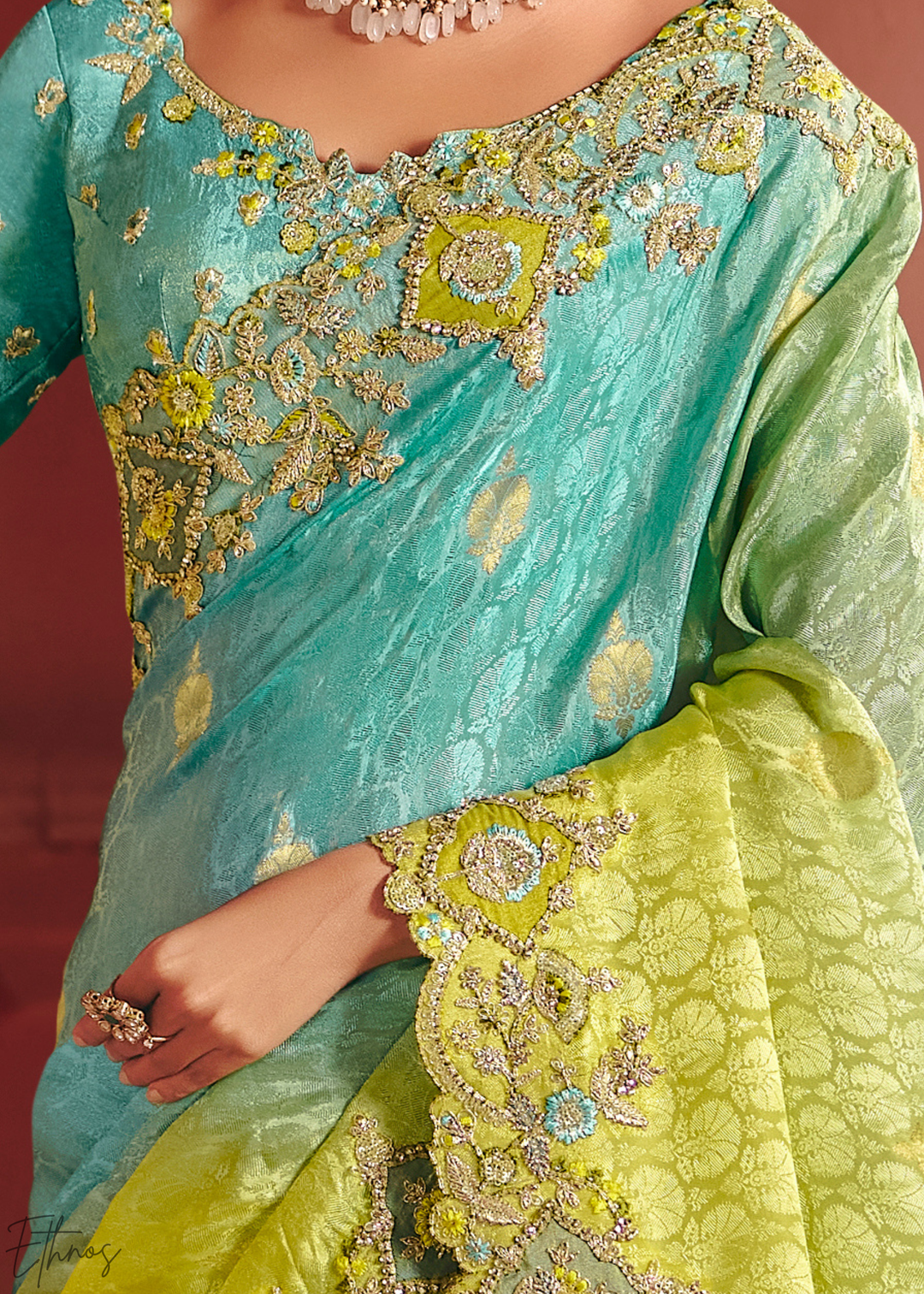 Shaded Blue Floral Resham Silk Saree