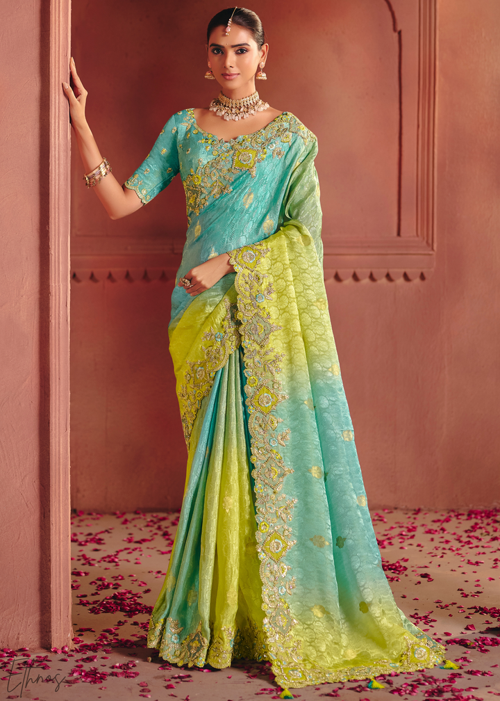 Shaded Blue Floral Resham Silk Saree