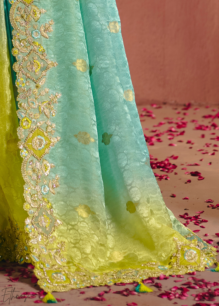 Shaded Blue Floral Resham Silk Saree