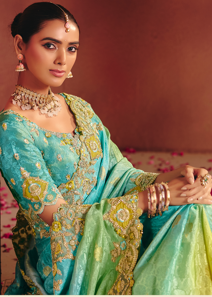 Shaded Blue Floral Resham Silk Saree