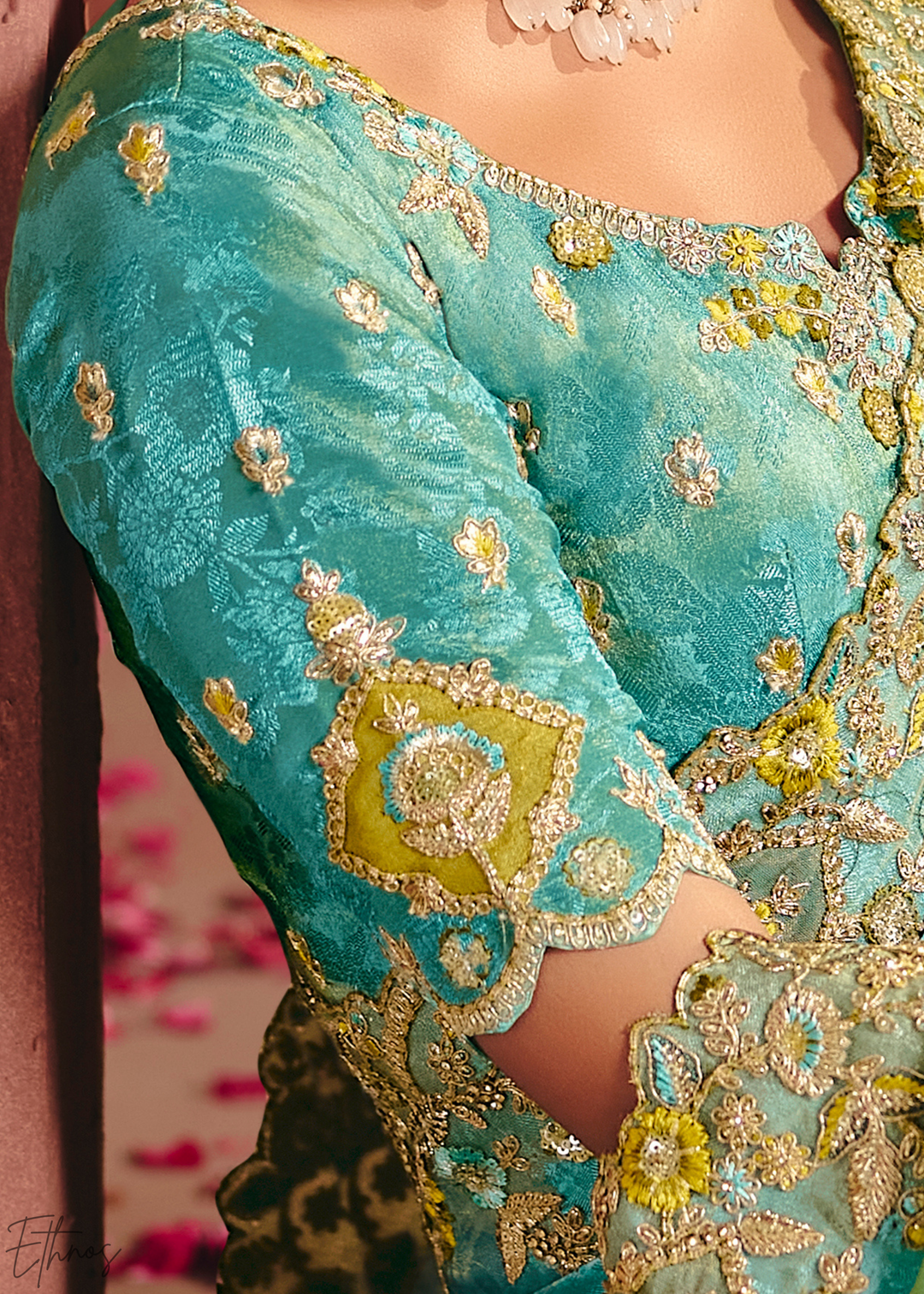 Shaded Blue Floral Resham Silk Saree